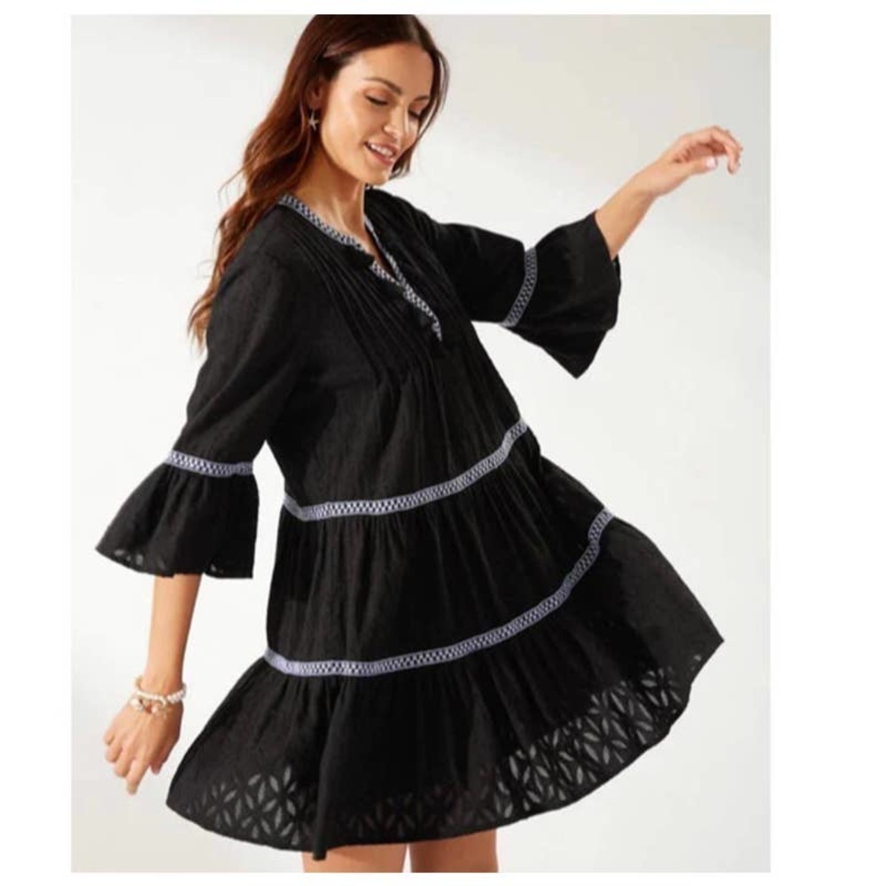 TOMMY BAHAMA Women's Black Embroidered Tassel V-neck Cotton Dress Size L NWOT
